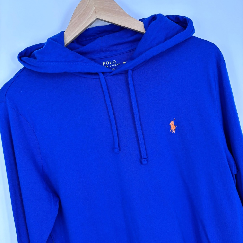 Polo Ralph Lauren Jersey Cotton Hooded T-Shirt Mens M Blue Orange Pony Pullover